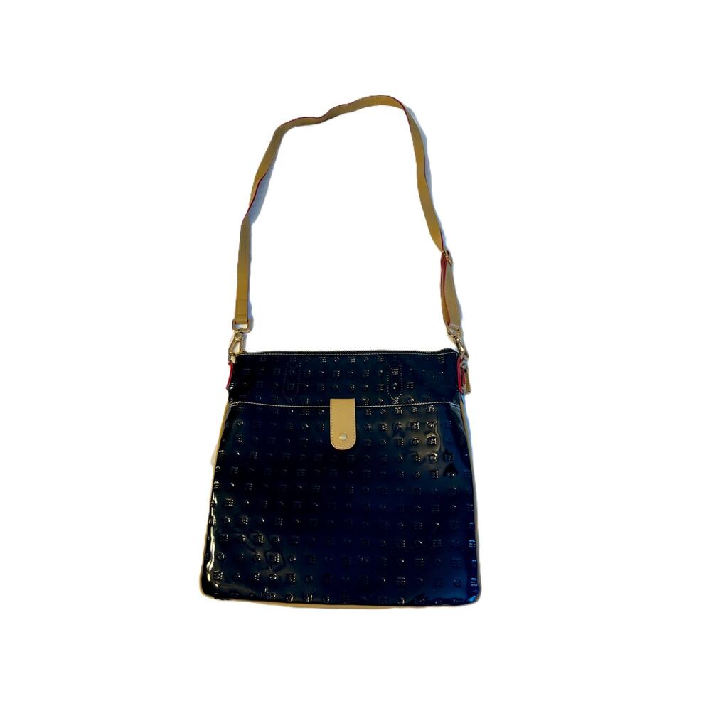 Arcadia Italy Purse Black Patent Embossed Leather Crossbody Shoulder Bag Gold